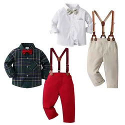 Baby Formal Gentleman Suits Infant England Plaid T-Shirt+Overalls Pants Sets Christening Outfits for Baby Boys Winter Clothes