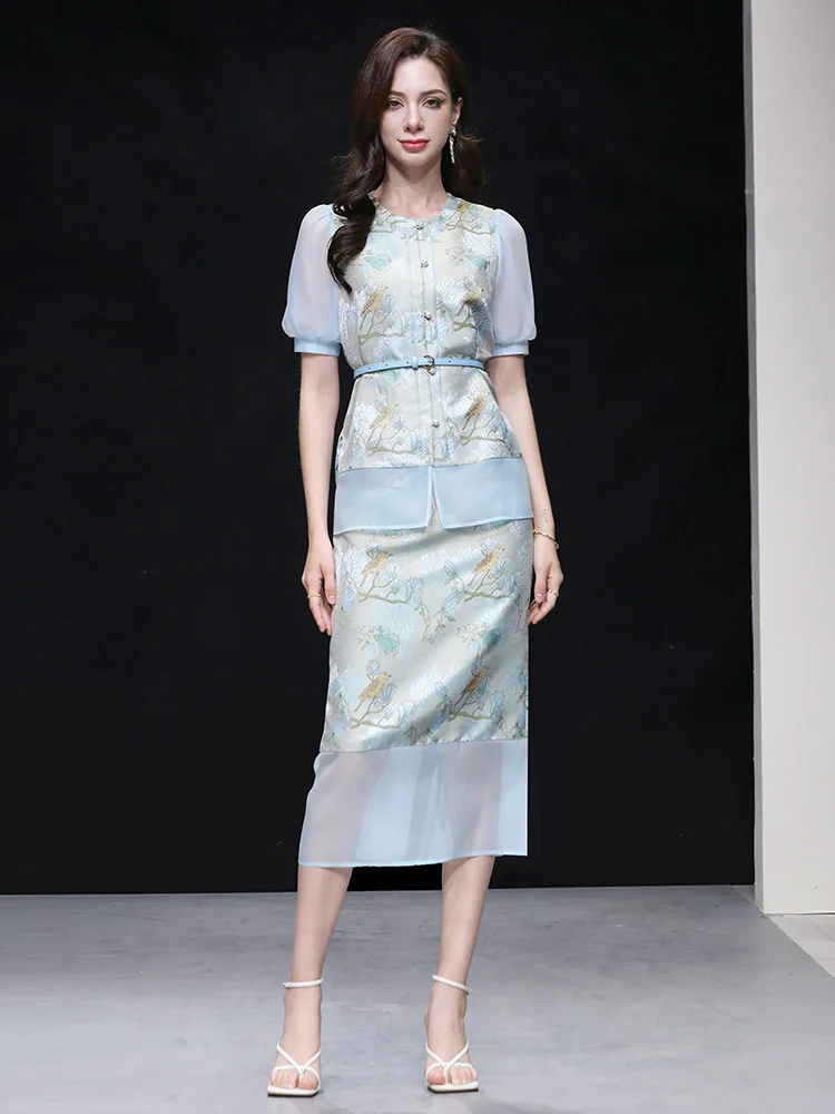

Summer 2026 Women's Fashion Ensemble with Lace Splicing Light Blue Embroidery Top And High Waist Split Skirt Short Sleeve rou...