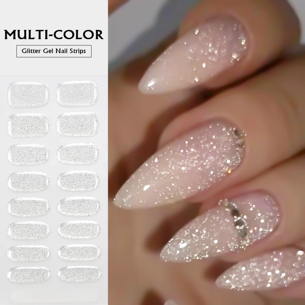 1sheets(16tips) Solid Color Glitter Nail Polish Strips Set White Gold Pink Sparkle Semi Cured Gel Nail Stickers UV Lamp Sliders