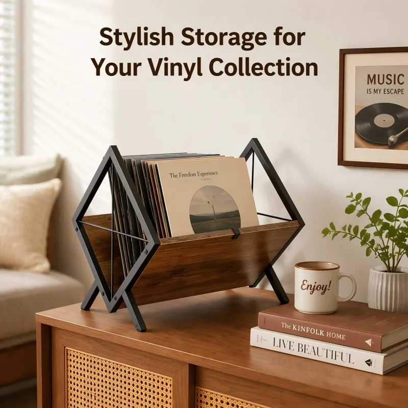 Vinyl Record Storage Rack - Wooden and Metal Desktop Organizer with Adjustable Divider, Decorative Album Holder Stand Use