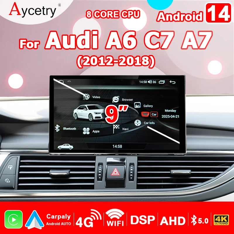 Autoradio sans fil Carplay stéréo, écran 9 pouces, Android 14, pour Audi A6 C7 A7 2012 – 2018, lecteur multimédia Bluetooth 2DIN GPS BT
