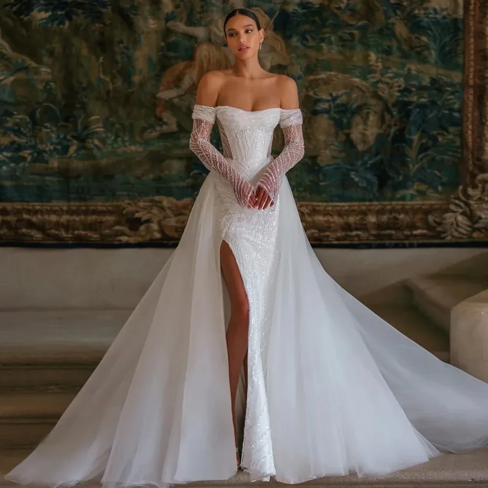 Modern Elegant Wedding Dresses Off The Shoulder Bridal Gowns With Detachable Train Lace Appliques Side Slit Vestidos De Novia