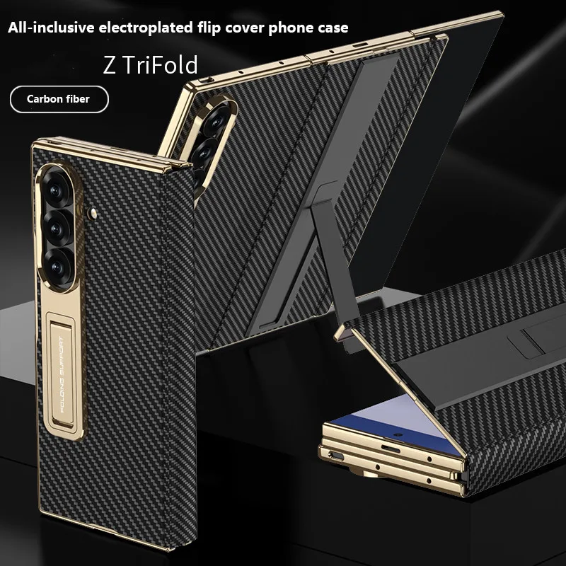 Case For Samsung Galaxy Z TriFold Magnetic Leather Hinge Flip Cover TriFold Electroplate Frame Kickstand Bracket Glass Protector