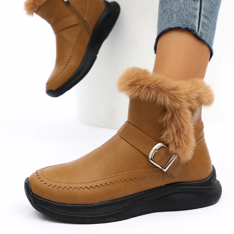 

Супермягкие ботильоны на пушистом меху, женские зимние ботинки зимы 2024, водонепроницаемые зимние ботинки из искусственной кожи, женская нескользящая обувь на платформе с хлопковой подкладкой