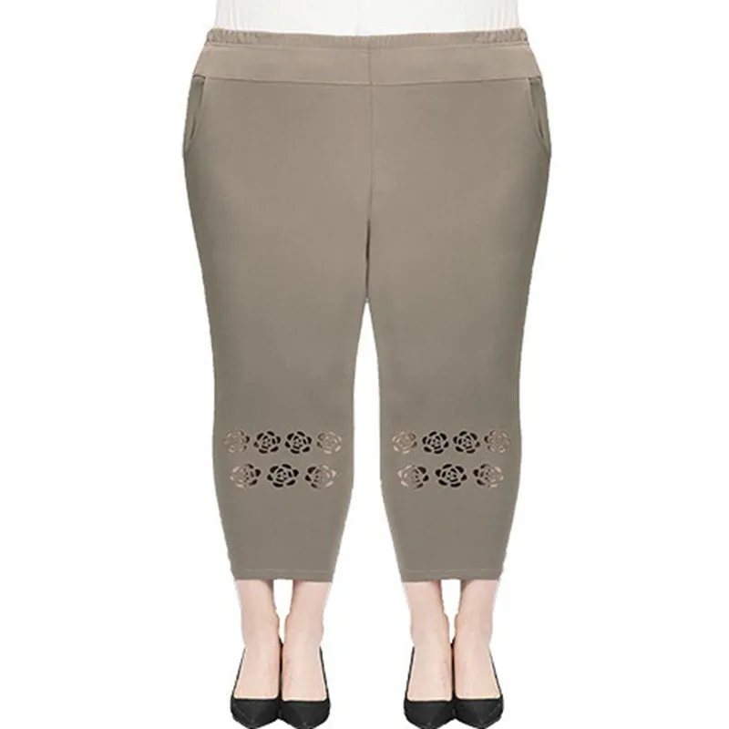 5XL 6XL 8XL Summer Women Thin Cropped Pants New Elastic High Waist Straight Pants Hollow Loose Middle-aged Female Casual Pants