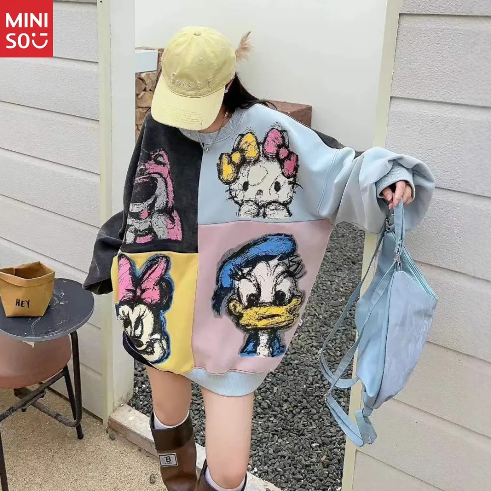 

New Women's Sweater Large Edition Color Insert Splicing Printed Cartoon Sweater Women's Loose Casual Lazy Top