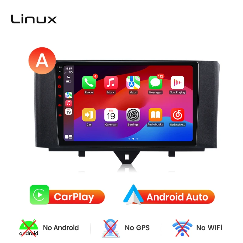Junsun draadloze CarPlay Android Auto autoradio voor Smart Fortwo (W451) 2007-2014 met ingebouwde koelventilator, Android GPS navigatie, multimediaspeler, WiFi, DSP, RDS, BT, SWC, IPS touchscreen,