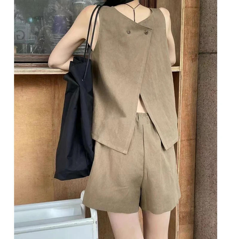 REALEFT 2024 New Summer 2 Pieces Linen Women\'s Short Pants Suits O-Neck Backless Tank and Casual Shorts Sets Outfits