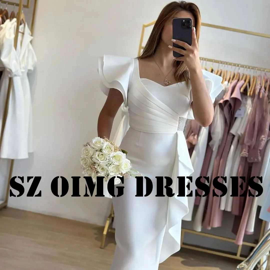 OIMG New Design Prom Dresses Short Sleeves Saudi Arabic Women Mermaid Satin Ruffles White  Gowns Formal Party Dress Customized