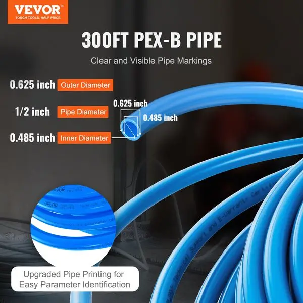 VEVOR PEX 파이프 1/2인치, 300피트 길이 PEX-B 유연한 파이프 튜빙(식수용), 뜨거운/차가운 물용 Pex 워터 라인 및