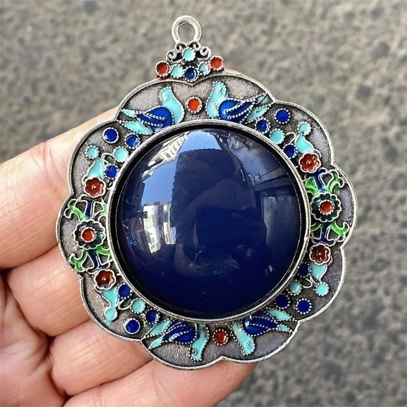 Vintage Cloisonne Heart Shield Pendant White Copper Silver Plated, Temperature Color Changing Gem, Unisex Retro Necklace Jewelry