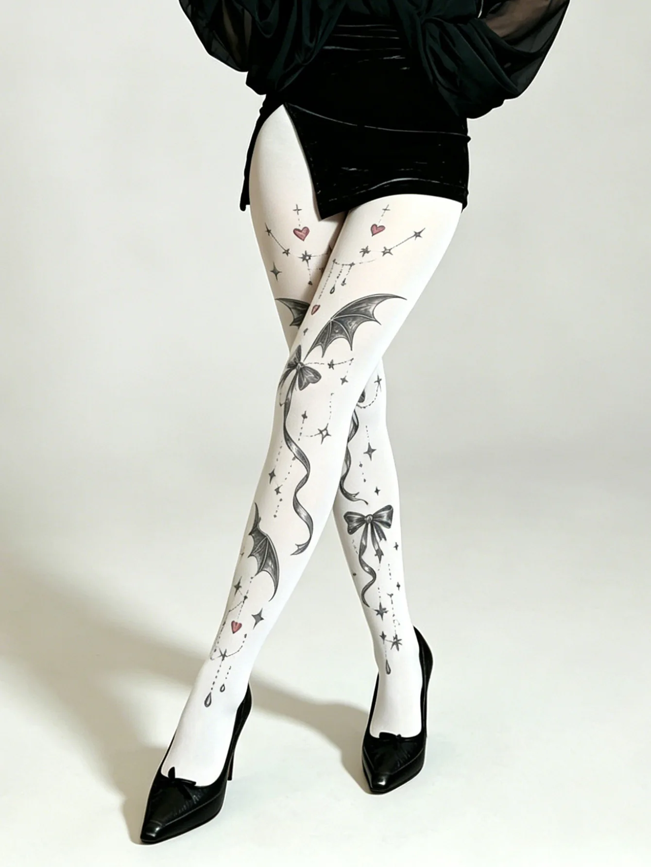 Y2K Goth Bat Bow Star Heart Tattoo Print White Tights Women Dark Spice Girl Stretch Full Foot Pantyhose Alt Streetwear Cosplay