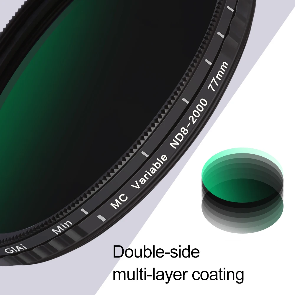Giai-ND8 Para ND2000 Filtro ND Variável, Circular Nano Revestimento, Densidade Neutra Ajustável Camera Lens Filtros, 67mm, 72mm, 77mm, 82mm, 86mm