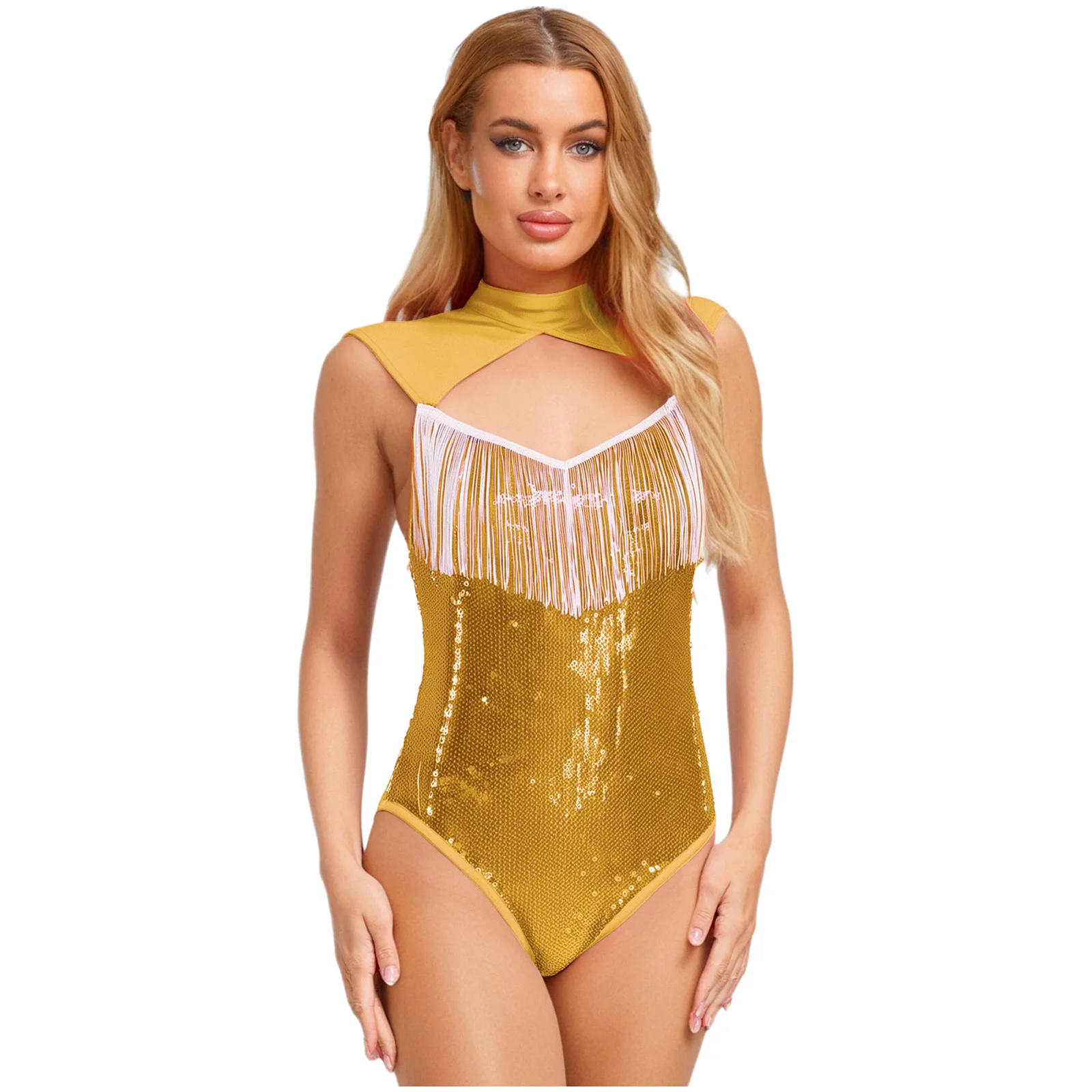 

Elegant Womens Jazz Latin Dance Leotard Outfit Hollow Out Tassel Fringe Sleeveless One Piece Jumpsuit for Club Pole Dance Wear