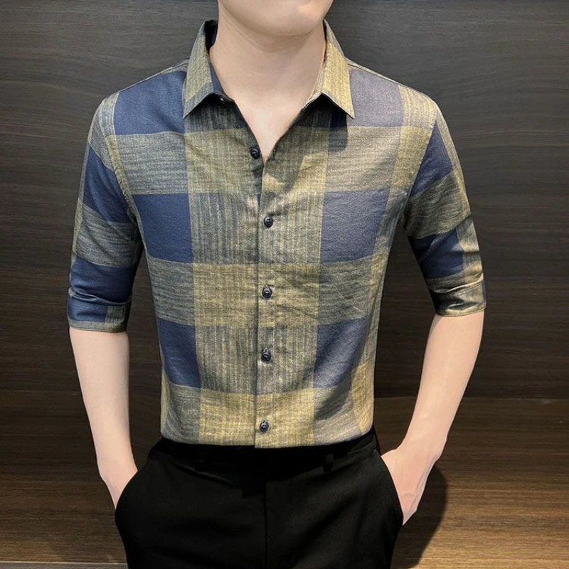 

Half Sleeve Slim Fit Male Shirts Plaid Ice Silk Men's Shirt Vintage With Collar High Quality Luxury Fashion Man 2025 Casual Tops