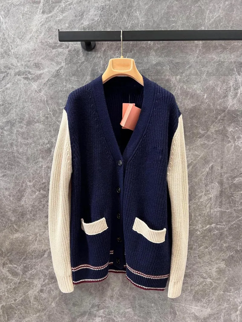 Knitted Cardigan Sweater Autumn New Product Chest Micro-label Letter Decoration Single V-neck Patch Blue Colour 2024