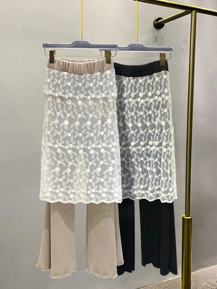 

Korean style Flare Pants New Fashion Lace Patchwork Fake Two Pieces Skirt Pant Causal Elastic High Waist Long Trousers