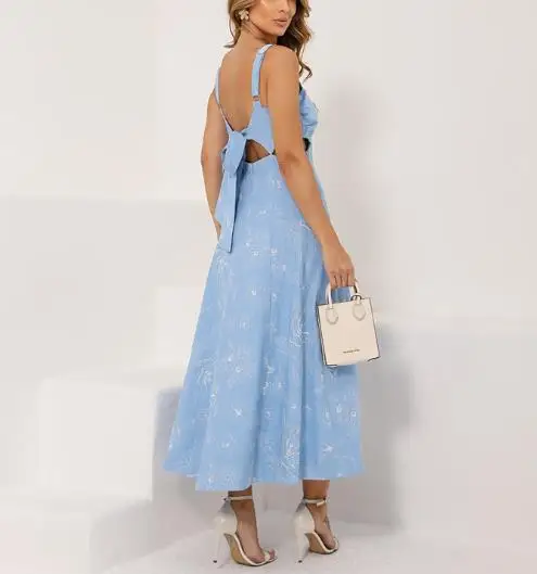 

Summer 2025 Geometric Print Sleeveless Dress for Women Elegant and Slim Fit V-Neck Hollowed Out Backless Lace Up Suspender Dress