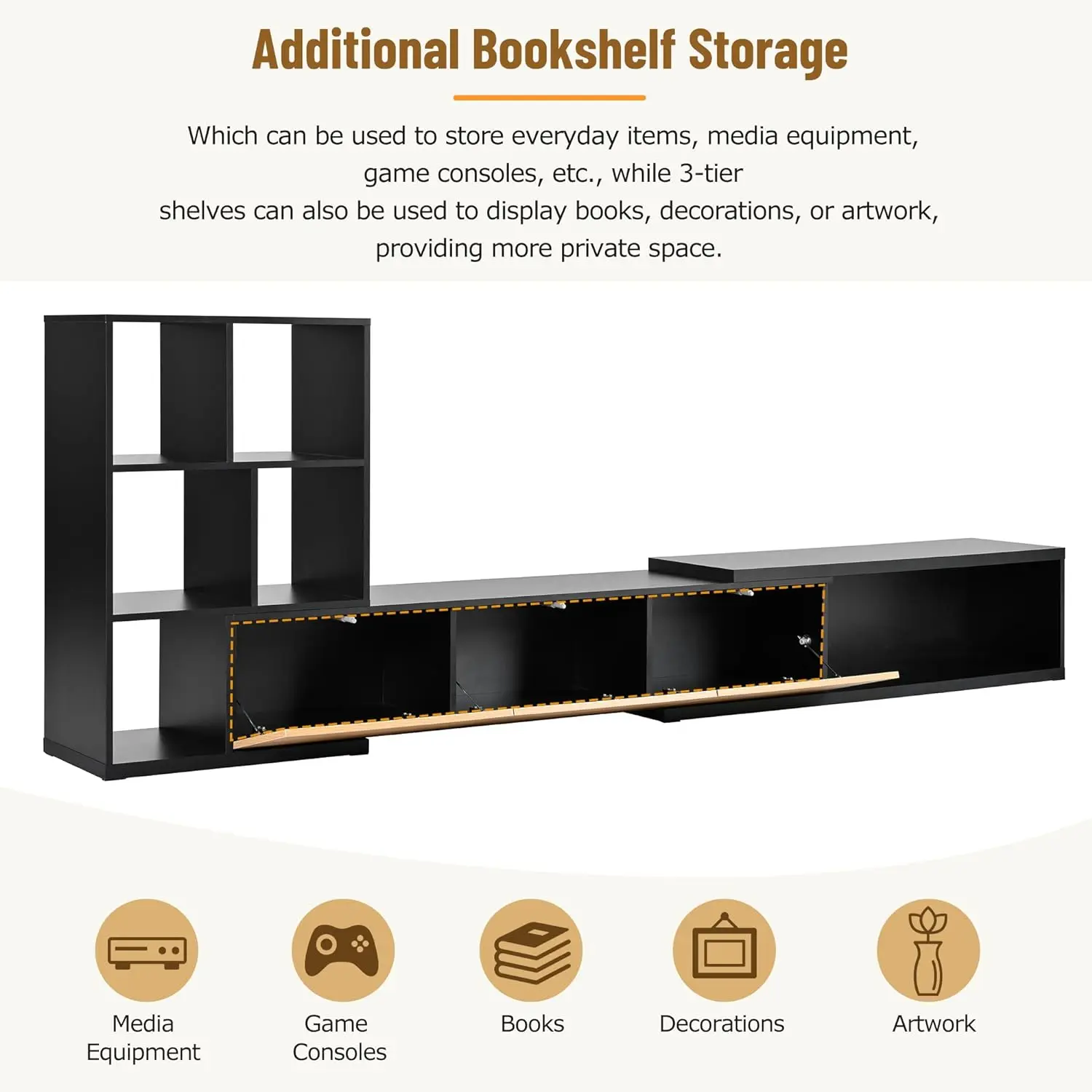 Extendable TV Stand for Televisions up to 110'', Adjustable Entertainment Center with Storage Cabinets and 3 Tier Bookshelves