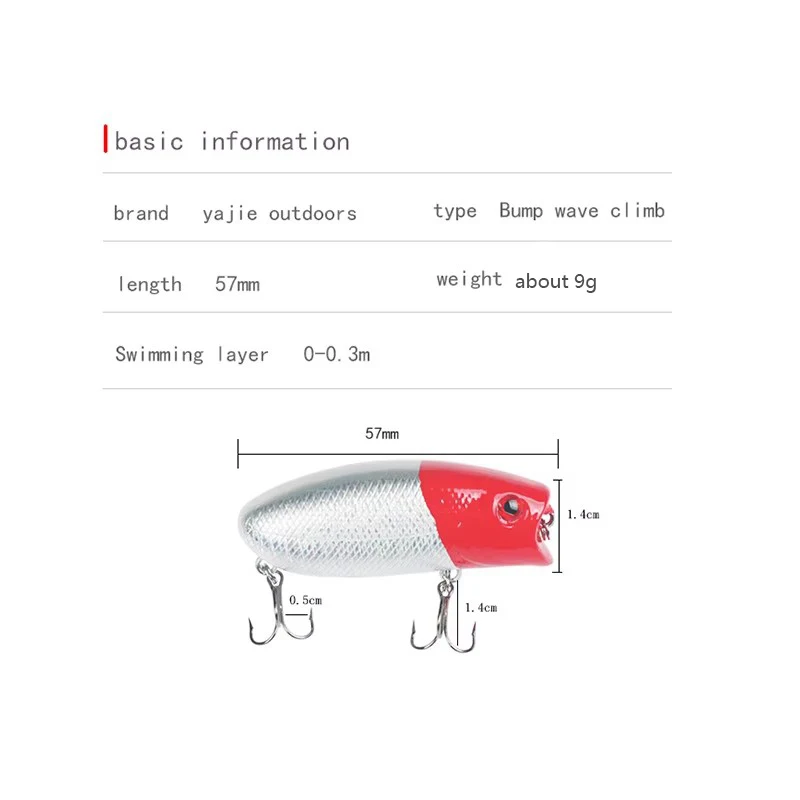 1pc Lure Fishing Bait 57mm Floating surface Popper Topwater Treble Hooks Bionic Far throw