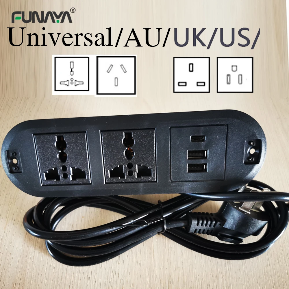 Table Hidden Power Socket EU/UK/US/AU 3 Outlet 2 USB Type C Embedded Power Bedside Socket Table Row Office Desktop 10A 110V 220V