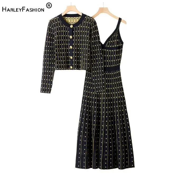 2026 Lady Vintage Colorblock Shiny Yarn Suit O-neck Long Sleeve Single-breasted Cardigan V-neck Slips Dress Women Knit 2Pcs