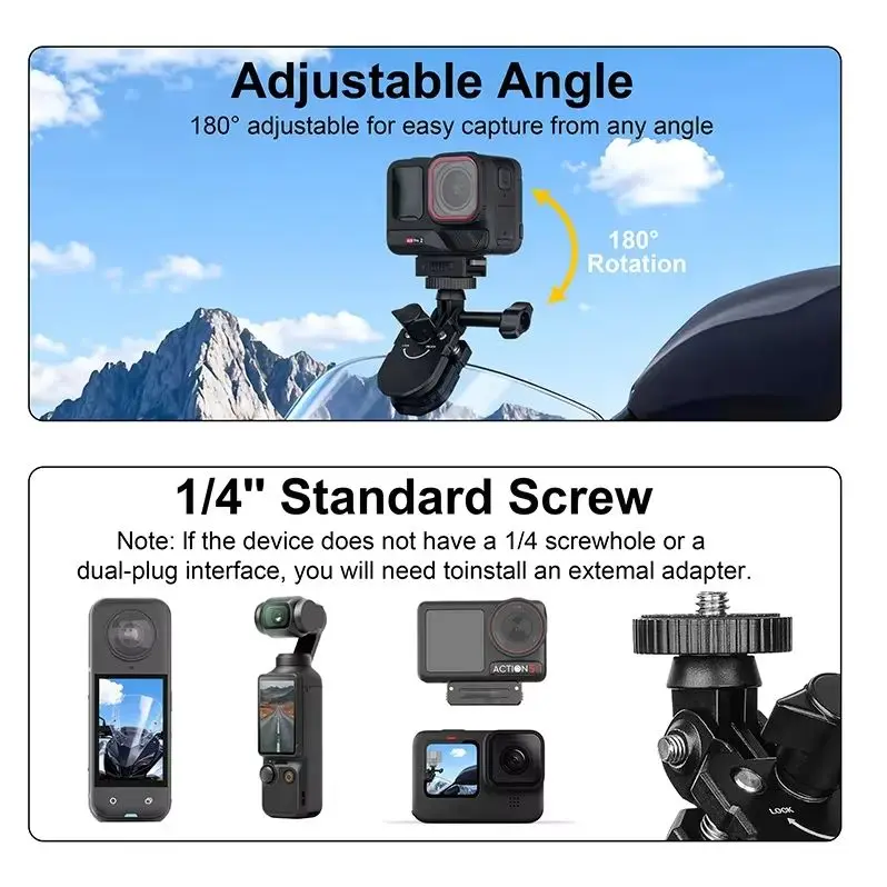 Aluminiowy uchwyt/mocowanie do szyby motocyklowej z klipsem do GoPro 13, Insta360 Ace Pro 2, DJI Osmo Nano/Action 5Pro/4/3 - akcesoria — zdjęcie produktu 4