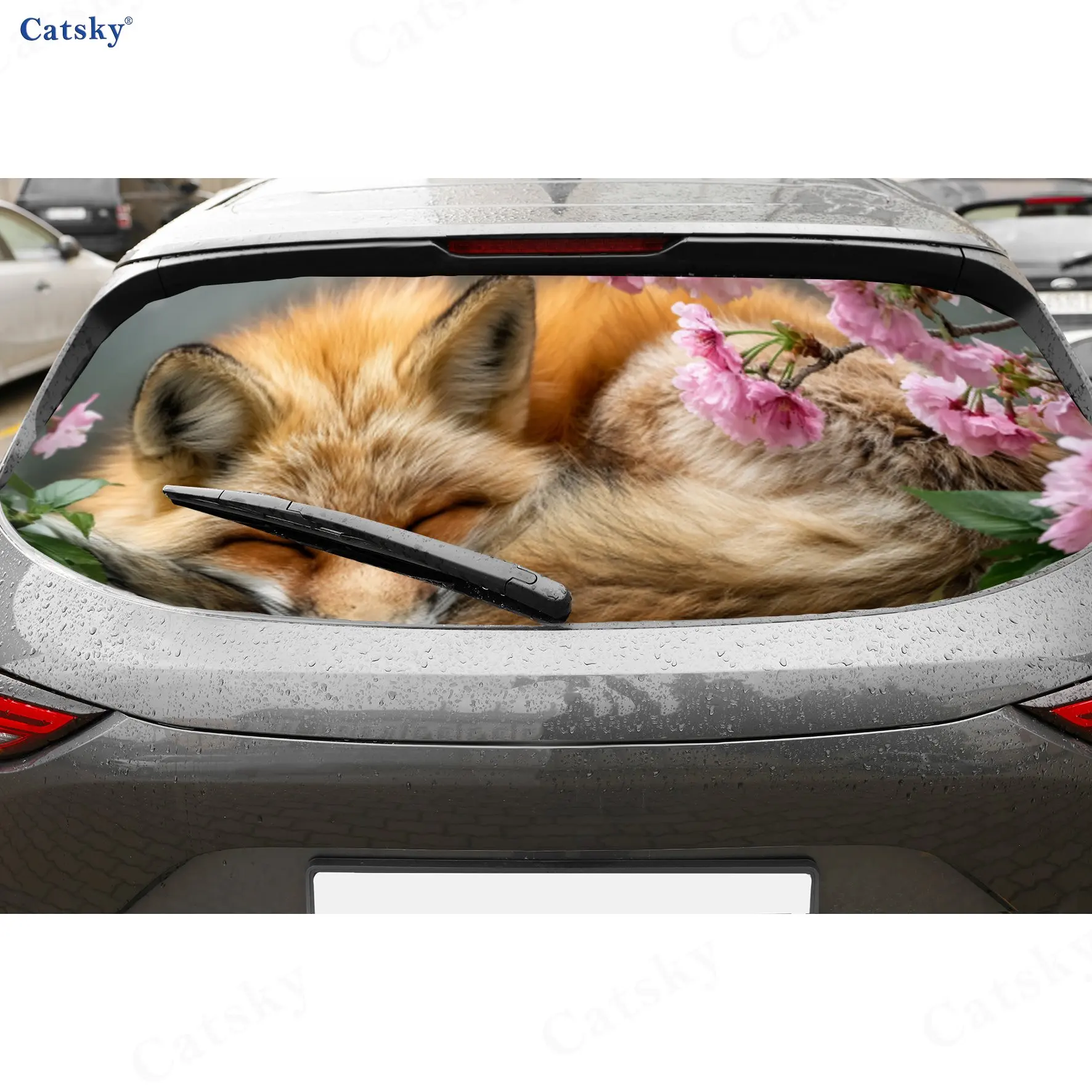 Romantic Healing Cherry Blossom Sleeping Fox PVC Perforated Car Vinyl Wraps, Durable Car Rear Windshield Sticker, Waterproof Car