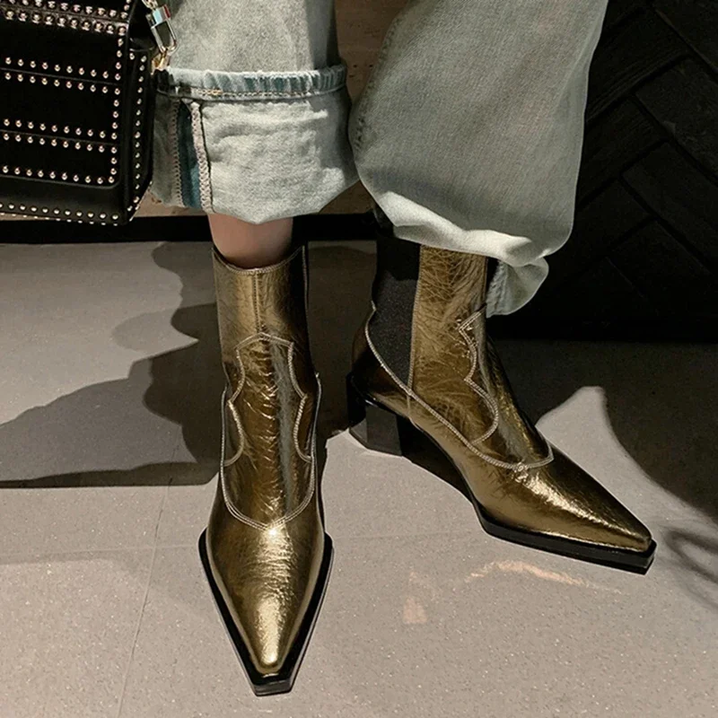 NEW Autumn Women Western Boots Split Leather Shoes for Women Pointed Toe Chunky Heel Shoes Winter Golden Short Boots Punk Shoes