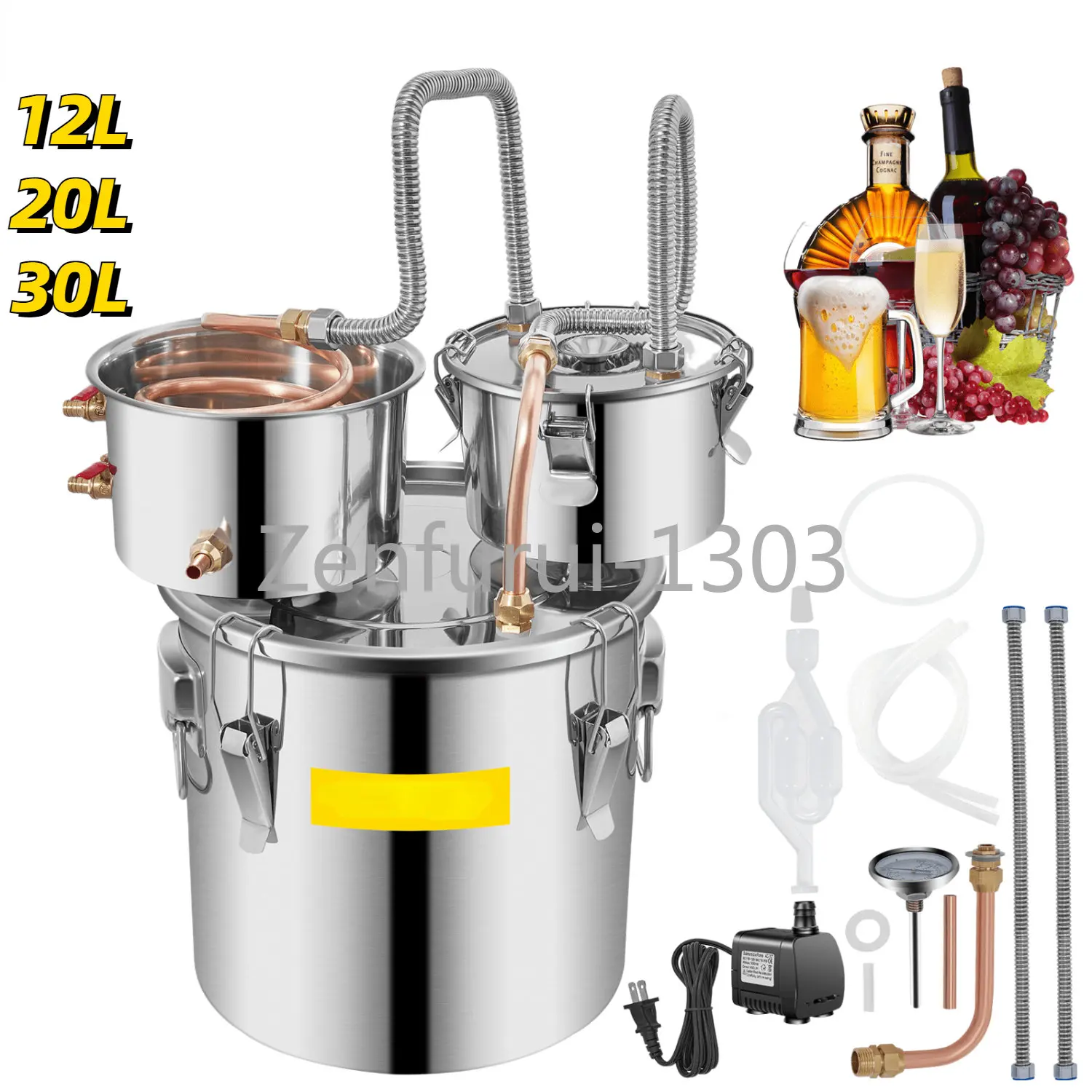 Moonshine Still Copper Alcohol Distiller with Circulating Pump,Wine Brandy Essential Oil Brewing Kit, DIY, 12 L, 20 L, 30L