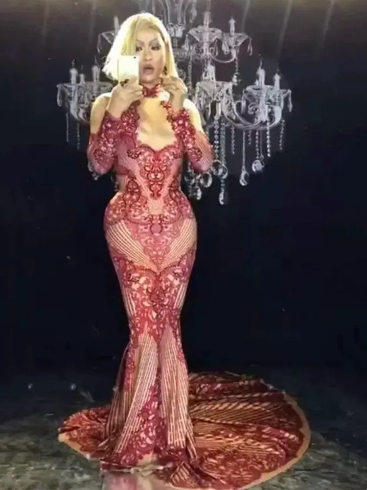

Red Rhinestones Printing Trailing Long Dress Women Singer Concert Stage Performance Costume Evening Celebration Birthday Outfit