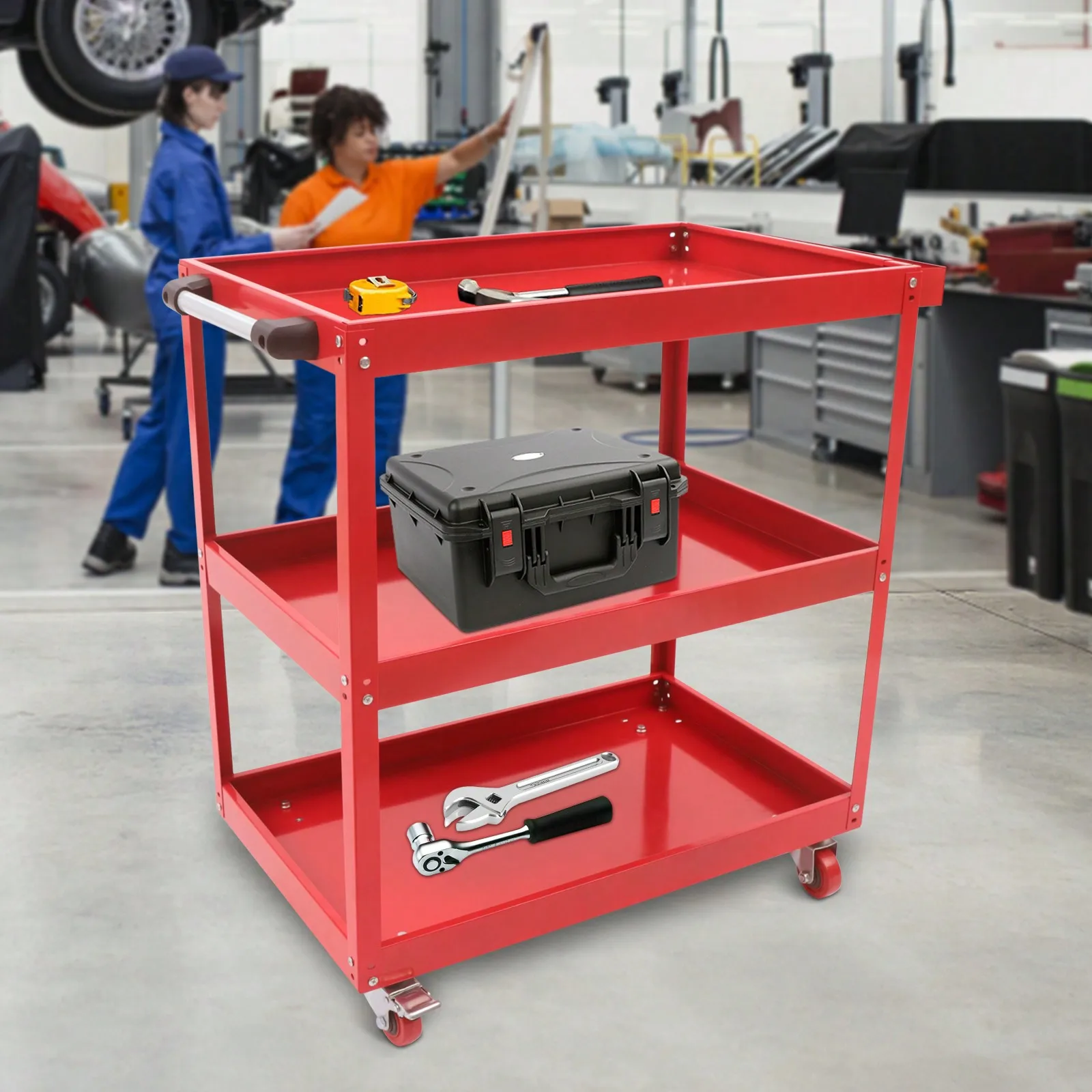 Rolling Tool Cart 3 Tier Red Industrial Service Cart With Wheels Tool Organizer For Garage&Warehouse&Repair Shop