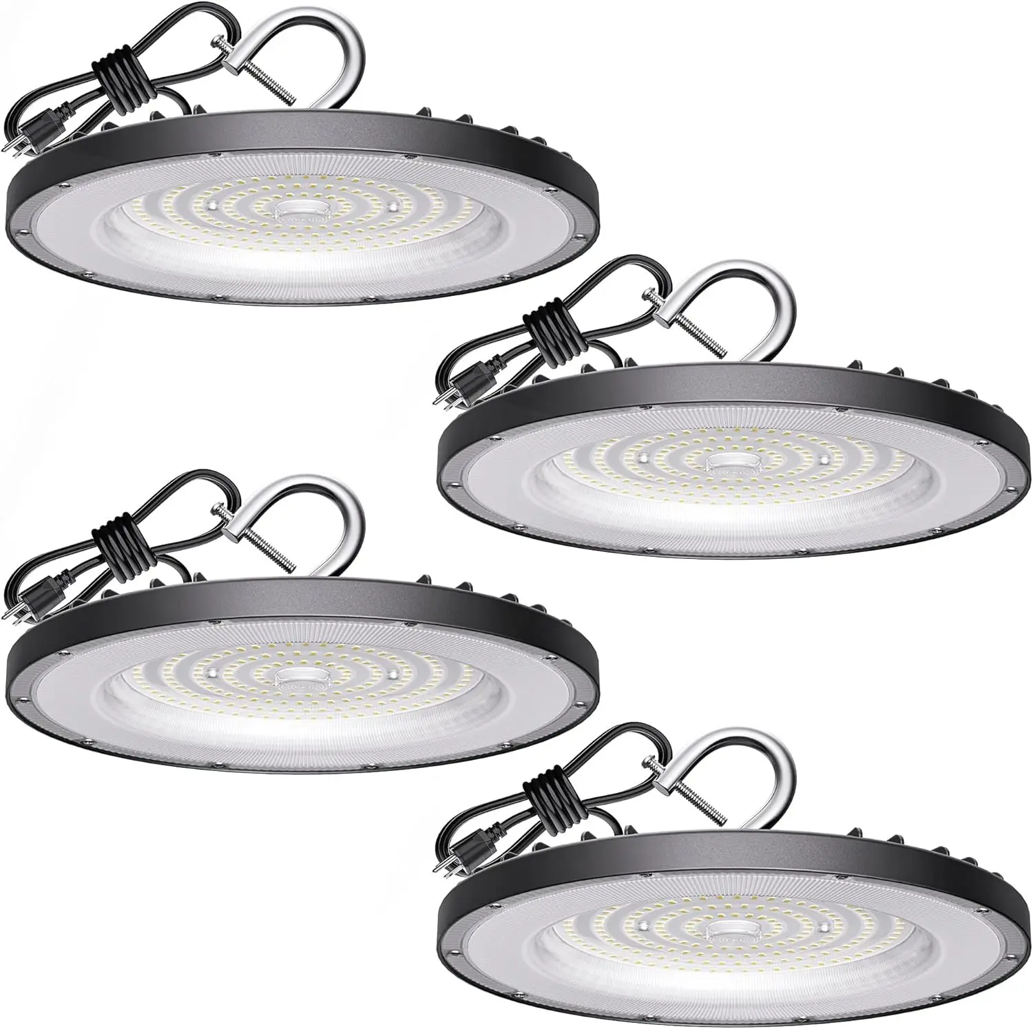 

Комплект из 4 светодиодных светильников UFO High Bay 150 Вт, 21000 лм, 5000K дневной свет, с креплением US Hook для склада и мастерской