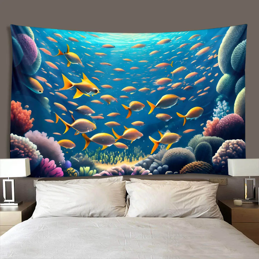Dreamy Cartoon Underwater Fish Landscape Tapestry Wall Hanging Fabric Home Decor Picnic Mat Dreamlike Background Design