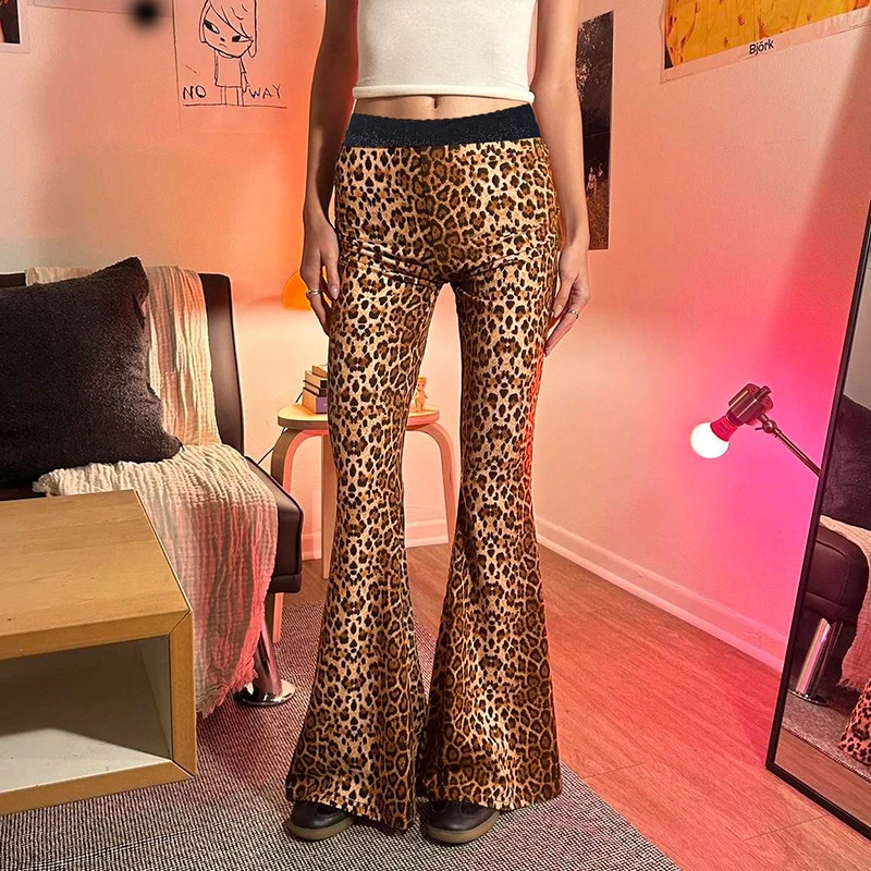 OMSJ Sexy Leopard Printed Basic Flare Pants For Women Skinny Fashion Casual Lace Trim High Waist Hip Package Trousers Streetwear