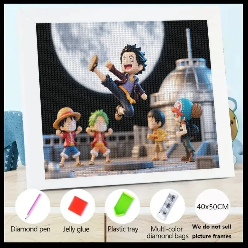 

1PC One Piece Anime Diamond Painting 5D DIY Kit, Featuring Luffy Zoro Sabo Chopper Dynamic Action Scene, Full Moon Background, F