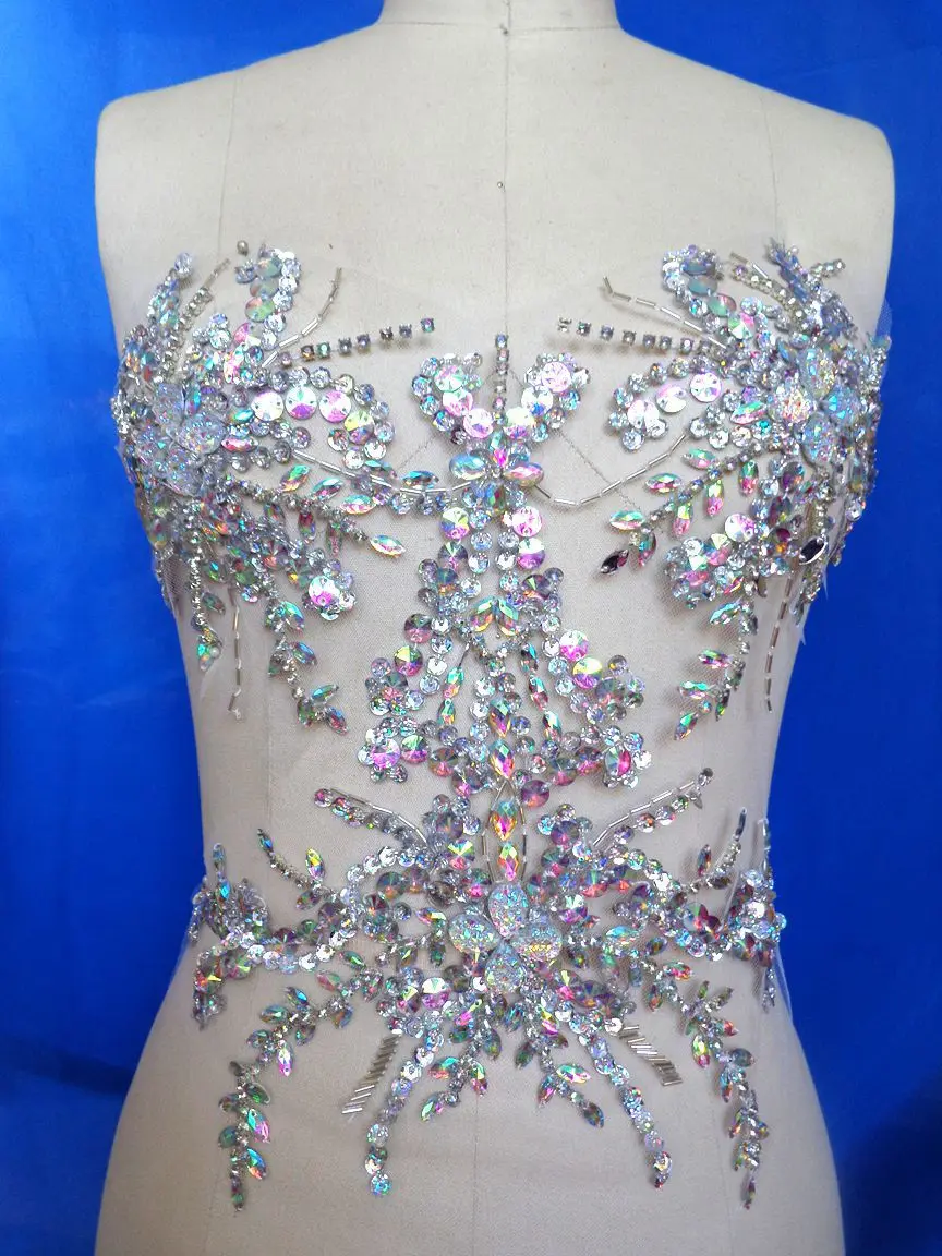 1pcs Pure hand made sew on Rhinestones applique silver sequins crystals trim patches DIY dress accessory 33*33cm