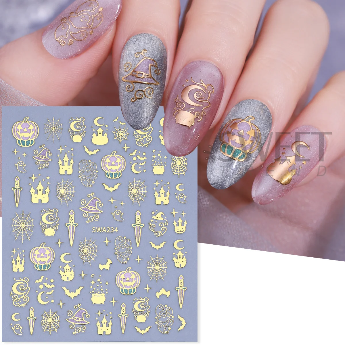 2pcs Bronzing Halloween Magic Nail Glitter Stickers Castle Wizard's Hat Ghost Pumpkin 3D Adhesive Decals Holiday Manicure Foils