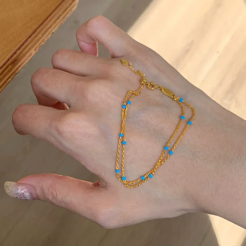 French Vintage Twists Chain Blue Beads Double layer Bracelet Simple Telescopic Chain Versatile Necklace For Women KOFSAC