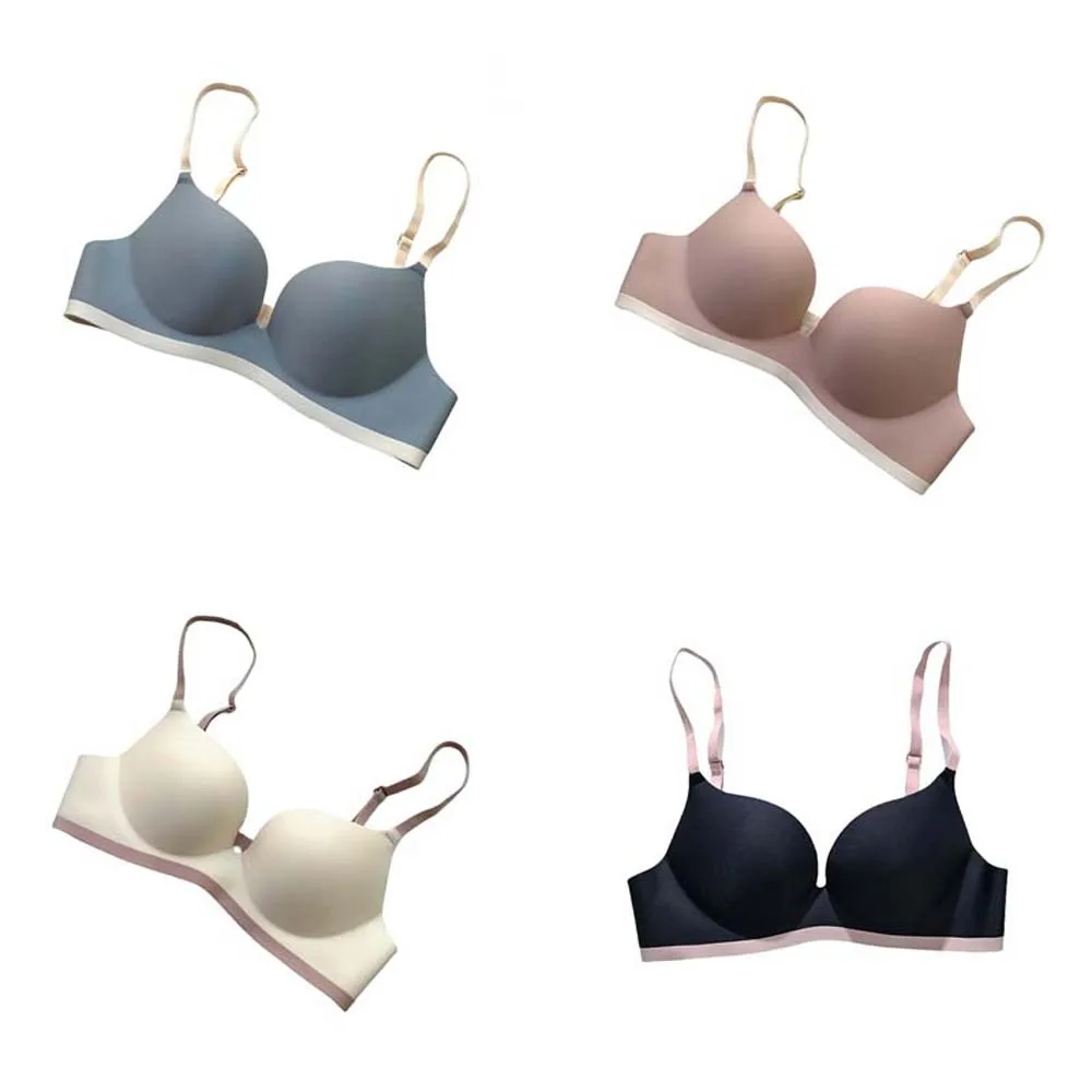 Sujetador inalámbrico sin costuras con escote en V profundo, parte de atrás bonita ajustada para mujer, ropa interior push-up negra/nuda/azul/rosa a prueba de golpes