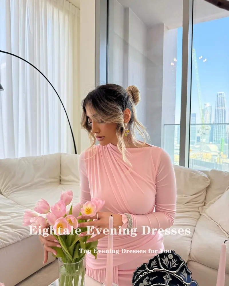 Eightale Arabic Evening Dress Pink Chiffon O-Neck Pleat Long Sleeves Customized Prom Gown Muslim Party Dress robe de soiree image 6