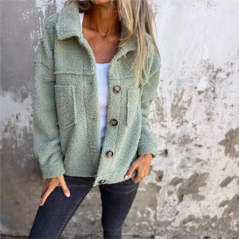 Autumn Winter Lapel Single-breasted Lambswool Women's Coat Casual Long Sleeve Button Pockets Solid Jackes Tops Women Streetwear