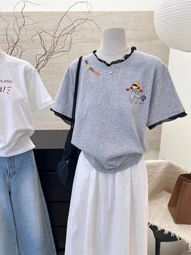 Chique kleur Blo Kant Patchwork ort Sve T-shirt Dames Zomerontwerp Zoet Veelzijdig Afslanktop Trendy Casual Loose Fit