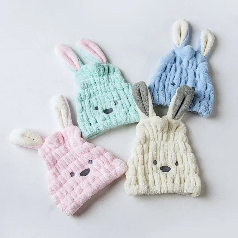 Long Ears Rabbit Hats Thick Coral Fleece Hair Drying Caps for Kids Shower Strong Absorbing Towels Bathroom Supplies