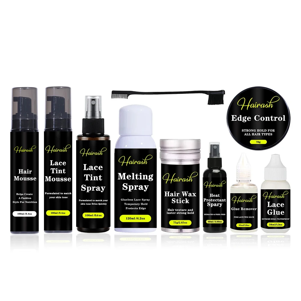 Kit de cuidado del cabello Hairash, pegamento para peluca, palo de cera, removedor de adhesivos, tinte de encaje, Mousse, Spray de fusión, Control de bordes, juego de instalación de peluca