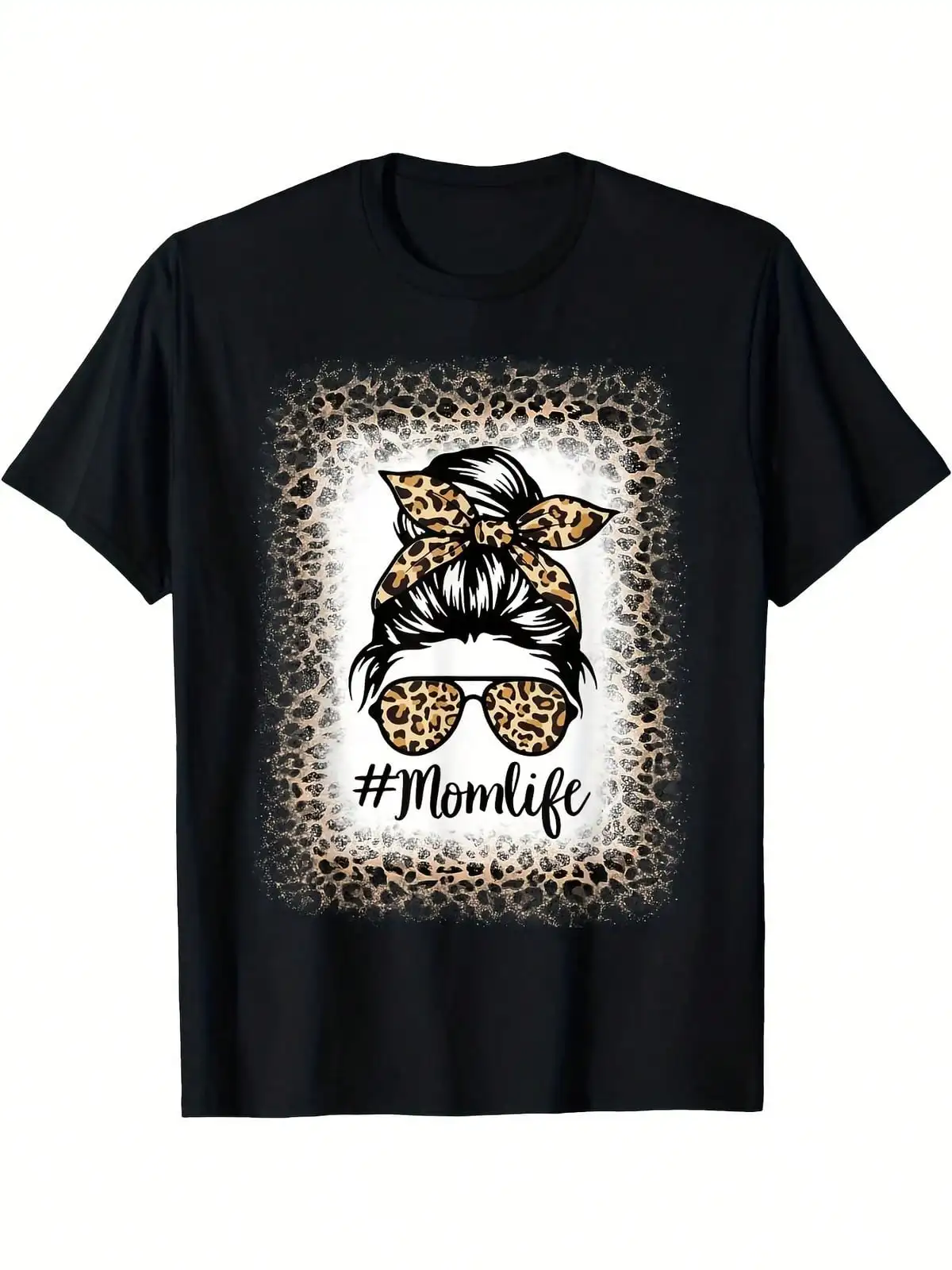 Mom Life Bleached Messy Bun Women Leopard Mothers Day Mama T-Shirt Comfortable Tee Graphic Print Shirt AllSeason Tee For Everyday Outdoor Activities,Breathable And Comfortable Short-Sleeved Round-Neck Top, Suitable For All Seasons, Everyday Wear For Women