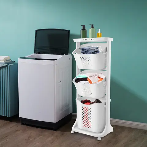 3 Tier Wall-Mounted Hanging Baskets, Rolling Laundry Basket, Durable PP Material, Porous Design to Keep Items Dry and Clean