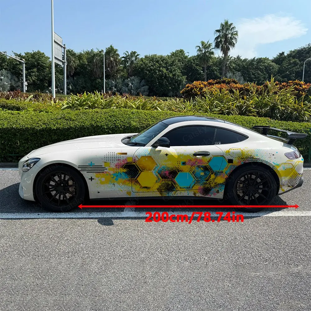 2pcs Yellow Blue Honeycomb Splatter Car Side Wrap, Self-Adhesive PVC Waterproof & Scratch-Resistant Stickers, Car Accessory Gift