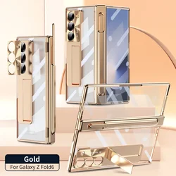 For Samsung Galaxy Z Fold6 7 Phone Case Spring Hinge Pen Slot Holder With Pen Electroplating Transparent Shell Film ZFold6 Cover