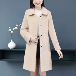 Winter New Solid Color Long Sleeve Fashion Windbreaker Women High Street Mid-length Button Pockets Patchwork Warm Thick Cardigan